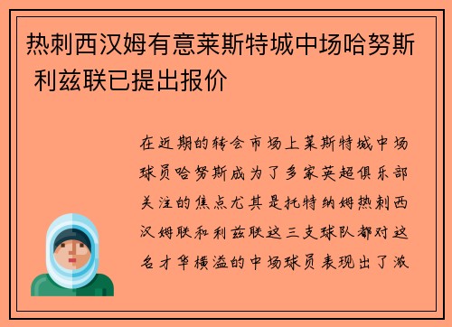 热刺西汉姆有意莱斯特城中场哈努斯 利兹联已提出报价