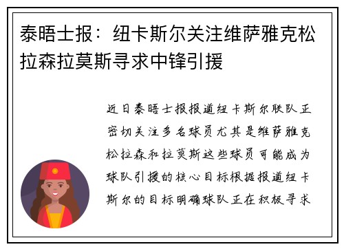 泰晤士报：纽卡斯尔关注维萨雅克松拉森拉莫斯寻求中锋引援