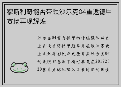 穆斯利奇能否带领沙尔克04重返德甲赛场再现辉煌